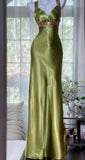 V-neck Sheath Long Prom Dresses Silk Olive Green Evening Gowns with Open Back HZ1024