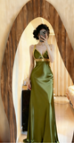 V-neck Sheath Long Prom Dresses Silk Olive Green Evening Gowns with Open Back HZ1024