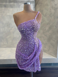 One Shoulder Bodycon Short Prom Dresses Beaded Purple Birthday Dresses HZ1024