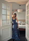 V-neck Sheath Long Prom Dresses Fine Glitter Navy Blue Long Formal Dresses HZ1024