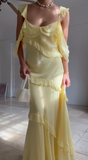 Strap Sheath Long Prom Dresses Chiffon Yellow Long Formal Dresses Ruffle Wedding Guest Dresses HZ1024