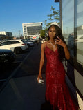 Spaghetti Strap Mermaid Long Prom Dresses Sequin Burgundy New Year's Eve Dress Birthday Dresses HZ1024