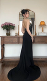 Halter Sheath Long Prom Dresses Satin New Year's Eve Dress Black Formal Dresses HZ1024