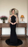 Halter Sheath Long Prom Dresses Satin New Year's Eve Dress Black Formal Dresses HZ1024