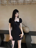 A-line bow stitching black dress HZ1024