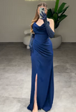Strapless Sheath Long Prom Dresses Satin Navy Blue New Year Evening Dresses HZ1024