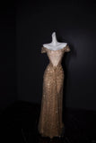 Off-the-shoulder Sheath Long Prom Dresses Tulle Sequins Gold New Year's Evening Dresses Sparkly Birthday Dresses HZ1024