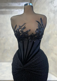 Strapless Sheath Long Prom Dresses Tulle BeadedBlack New Year Evening Dresses HZ1024
