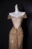 Off-the-shoulder Sheath Long Prom Dresses Tulle Sequins Gold New Year's Evening Dresses Sparkly Birthday Dresses HZ1024