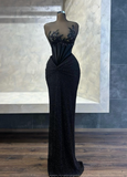 Strapless Sheath Long Prom Dresses Tulle BeadedBlack New Year Evening Dresses HZ1024