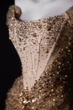 Off-the-shoulder Sheath Long Prom Dresses Tulle Sequins Gold New Year's Evening Dresses Sparkly Birthday Dresses HZ1024
