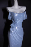 Off-the-shoulder Sheath Long Prom Dresses Sequin Sparkly Blue Formal Dresses HZ1024