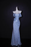 Off-the-shoulder Sheath Long Prom Dresses Sequin Sparkly Blue Formal Dresses HZ1024