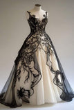 V-neck Ball Gown Tulle Long Prom Dresses Black Lace Quinceanera Dresses Sweet 16 Dress HZ1024