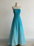 Strapless A-Line Long Prom Dresses Beaded Chiffon Blue Formal Dresses Vintage Evening Dresses HZ1024