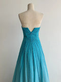 Strapless A-Line Long Prom Dresses Beaded Chiffon Blue Formal Dresses Vintage Evening Dresses HZ1024