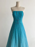 Strapless A-Line Long Prom Dresses Beaded Chiffon Blue Formal Dresses Vintage Evening Dresses HZ1024