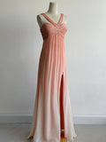 V-neck Sheath Long Prom Dresses Vintage Chiffon Peach Evening Dress with Slits HZ1024