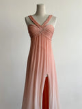 V-neck Sheath Long Prom Dresses Vintage Chiffon Peach Evening Dress with Slits HZ1024