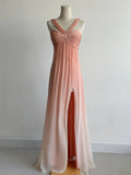 V-neck Sheath Long Prom Dresses Vintage Chiffon Peach Evening Dress with Slits HZ1024