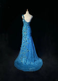 Asymmetric Neck Mermaid Long Prom Dresses Vintage Tulle Sequin Blue Evening Dress Applique Sweet 16 Dress HZ1024