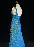 Asymmetric Neck Mermaid Long Prom Dresses Vintage Tulle Sequin Blue Evening Dress Applique Sweet 16 Dress HZ1024