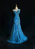 Asymmetric Neck Mermaid Long Prom Dresses Vintage Tulle Sequin Blue Evening Dress Applique Sweet 16 Dress HZ1024