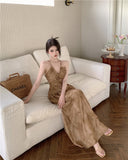 A-line halter neck suspender V-neck backless dress HZ1024