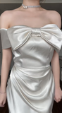 Sheath White Formal Dresses Satin Off-the-shoulder Wedding Guest Dresses Cute Birthday Dresses HZ1024
