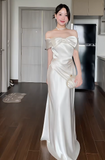 Sheath White Formal Dresses Satin Off-the-shoulder Wedding Guest Dresses Cute Birthday Dresses HZ1024