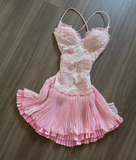 Pink Spaghetti Strap Chiffon Party Dresses Lace Applique Short Prom Dresses Homecoming Dress HZ1024