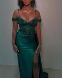 Sheath Green Formal Dresses Satin Applique Long Prom Dresses with Slits HZ1024