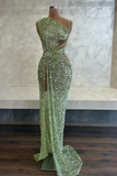 Asymmetric Sheath Long Prom Dresses Tulle Sequins Green Evening Dresses with Slits HZ1024