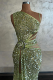 Asymmetric Sheath Long Prom Dresses Tulle Sequins Green Evening Dresses with Slits HZ1024