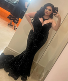 V-neck Mermaid Long Prom Dresses Tulle Sequin Black Evening Dresses HZ1024
