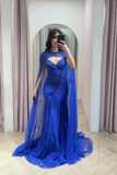 Spaghetti Strap Mermaid Long Prom Dresses with Beaded Chiffon and Royal Blue Evening Dresses with Cape HZ1024