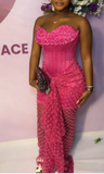 Sweetheart Sheath Long Prom Dresses Beaded Tulle Fuchsia Evening Dresses HZ1024