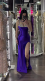 Rhinestone Sheath Long Prom Dresses Satin Purple Evening Dresses with Slits HZ1024