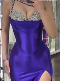 Rhinestone Sheath Long Prom Dresses Satin Purple Evening Dresses with Slits HZ1024