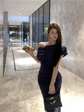 Temperament sexy slim off-shoulder short-sleeved dress HZ1024