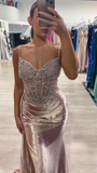 Spaghetti Strap Sheath Long Prom Dresses Satin New Year's Eve Dresses with Slits HZ1024