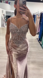 Spaghetti Strap Sheath Long Prom Dresses Satin New Year's Eve Dresses with Slits HZ1024
