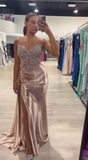 Spaghetti Strap Sheath Long Prom Dresses Satin New Year's Eve Dresses with Slits HZ1024