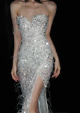 Sweetheart Mermaid Long Prom Dresses Sequined White Evening Dresses with Slits HZ1024
