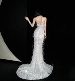 Sweetheart Mermaid Long Prom Dresses Sequined White Evening Dresses with Slits HZ1024