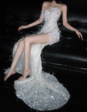 Sweetheart Mermaid Long Prom Dresses Sequined White Evening Dresses with Slits HZ1024