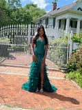 Spaghetti Strap Sheath Long Prom Dresses Feather Applique Green Evening Dresses with Slits HZ1024