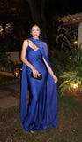 Spaghetti Strap Sheath Long Prom Dresses Satin Blue Evening Dresses Elegant Wedding Guest Dresses HZ1024