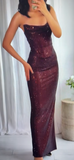 Sheath Long Prom Dresses Sequin Brown Evening Dresses Elegant Strapless Wedding Guest Dresses HZ1024
