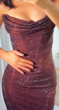 Sheath Long Prom Dresses Sequin Brown Evening Dresses Elegant Strapless Wedding Guest Dresses HZ1024